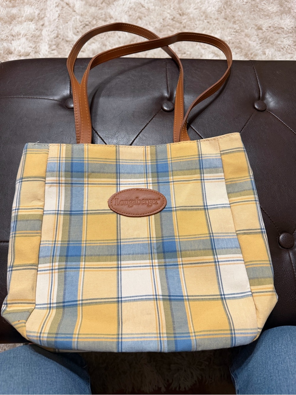 Longaberger Yellow Blue Plaid Tote with Brown Leather Handles